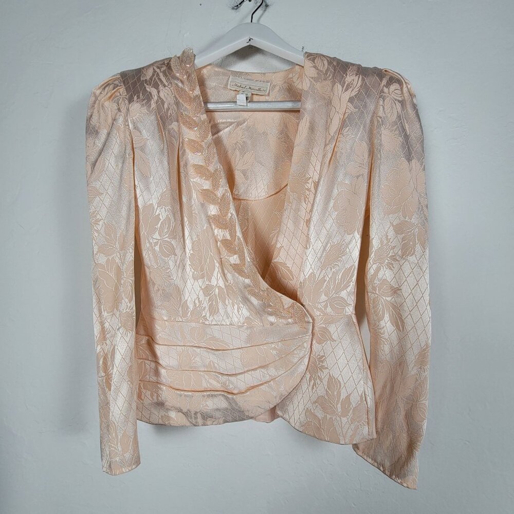 Vintage Michael Marcellas Floral Jacquard Peplum Blouse 12 Peach Union Made USA